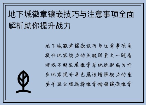 地下城徽章镶嵌技巧与注意事项全面解析助你提升战力